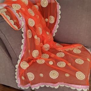 Indian embroidered net dupatta - Orange/pink